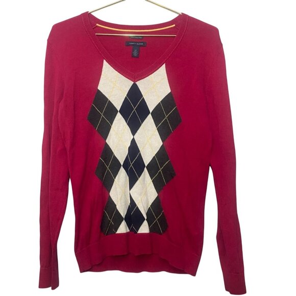 Tommy Hilfiger Womens Sweater Small 100% Pima Cotton Argyle V-Neck - Picture 1 of 4